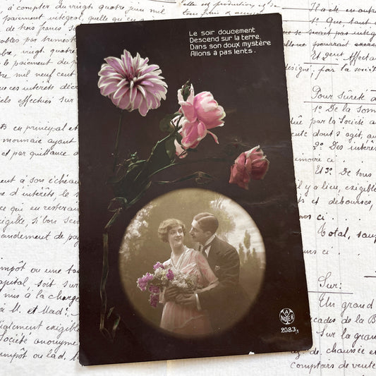 1910s - Vintage French Romantic Postcard - Sepia Photo Couple with Pink Flowers - Hand Colored Art Nouveau Style Card - Poetic Love Verse