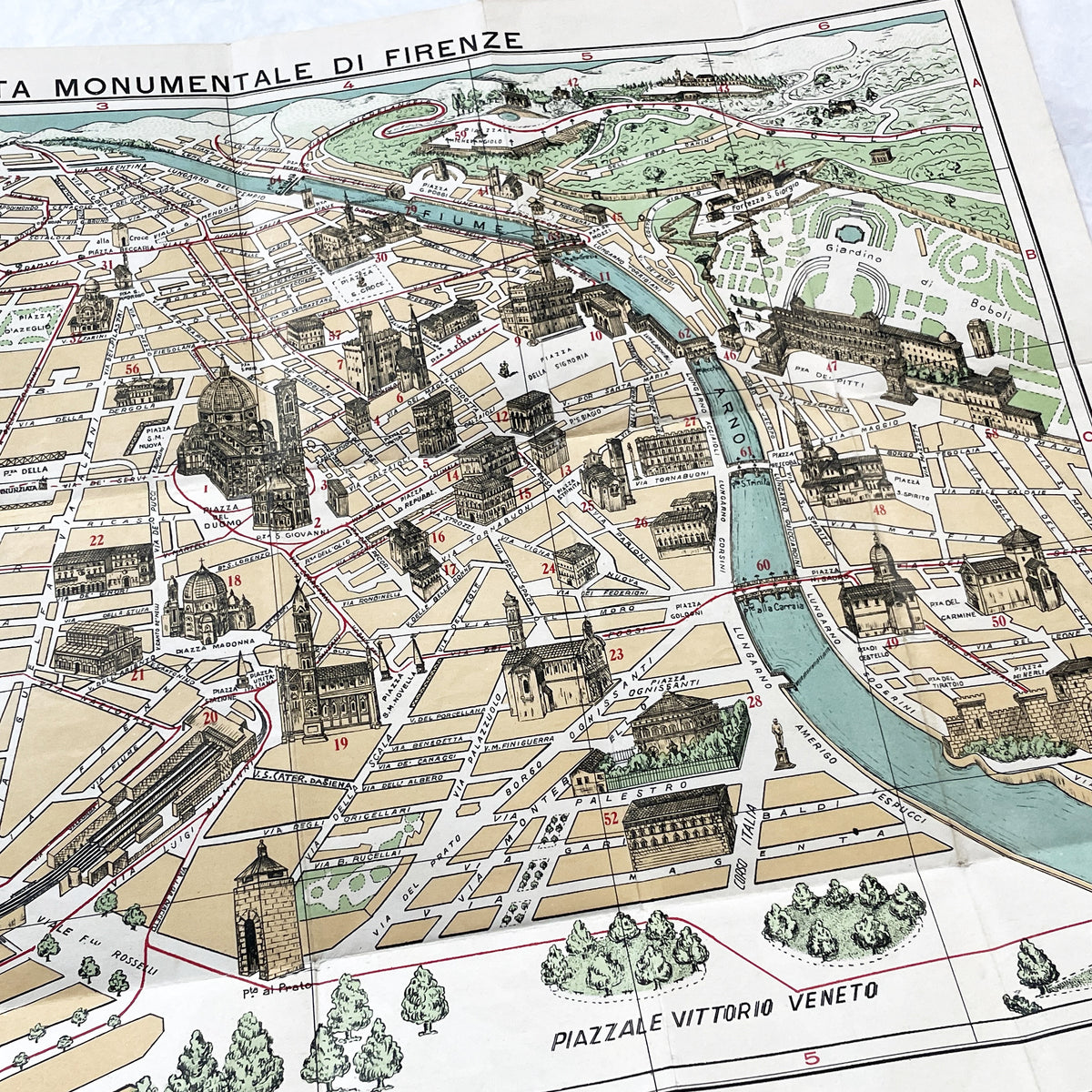 1950s vintage Italian map of Florence with index booklet, showing city plan and the Florentine lily emblem.