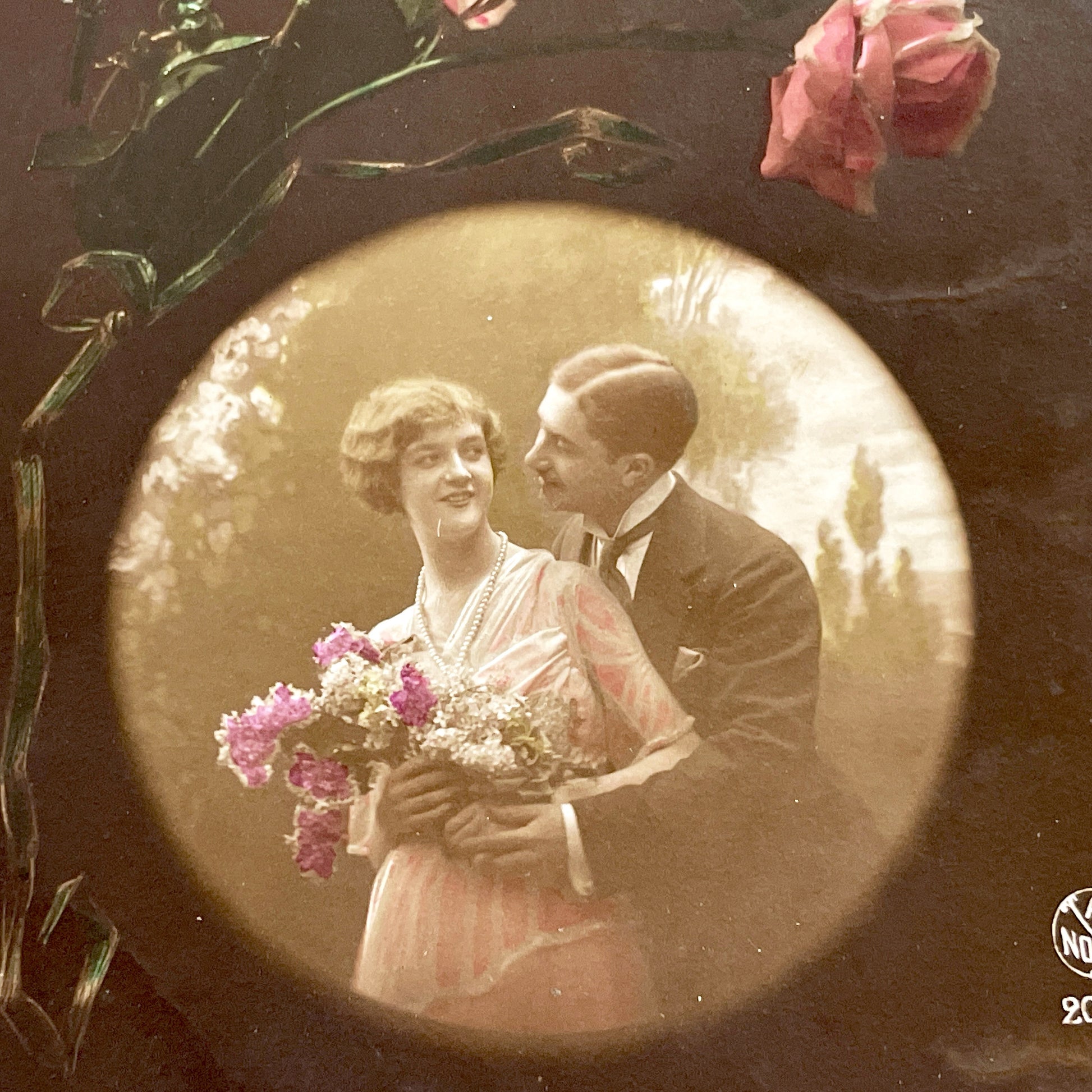 1910s - Vintage French Romantic Postcard - Sepia Photo Couple with Pink Flowers - Hand Colored Art Nouveau Style Card - Poetic Love Verse