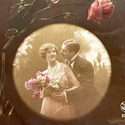 1910s - Vintage French Romantic Postcard - Sepia Photo Couple with Pink Flowers - Hand Colored Art Nouveau Style Card - Poetic Love Verse