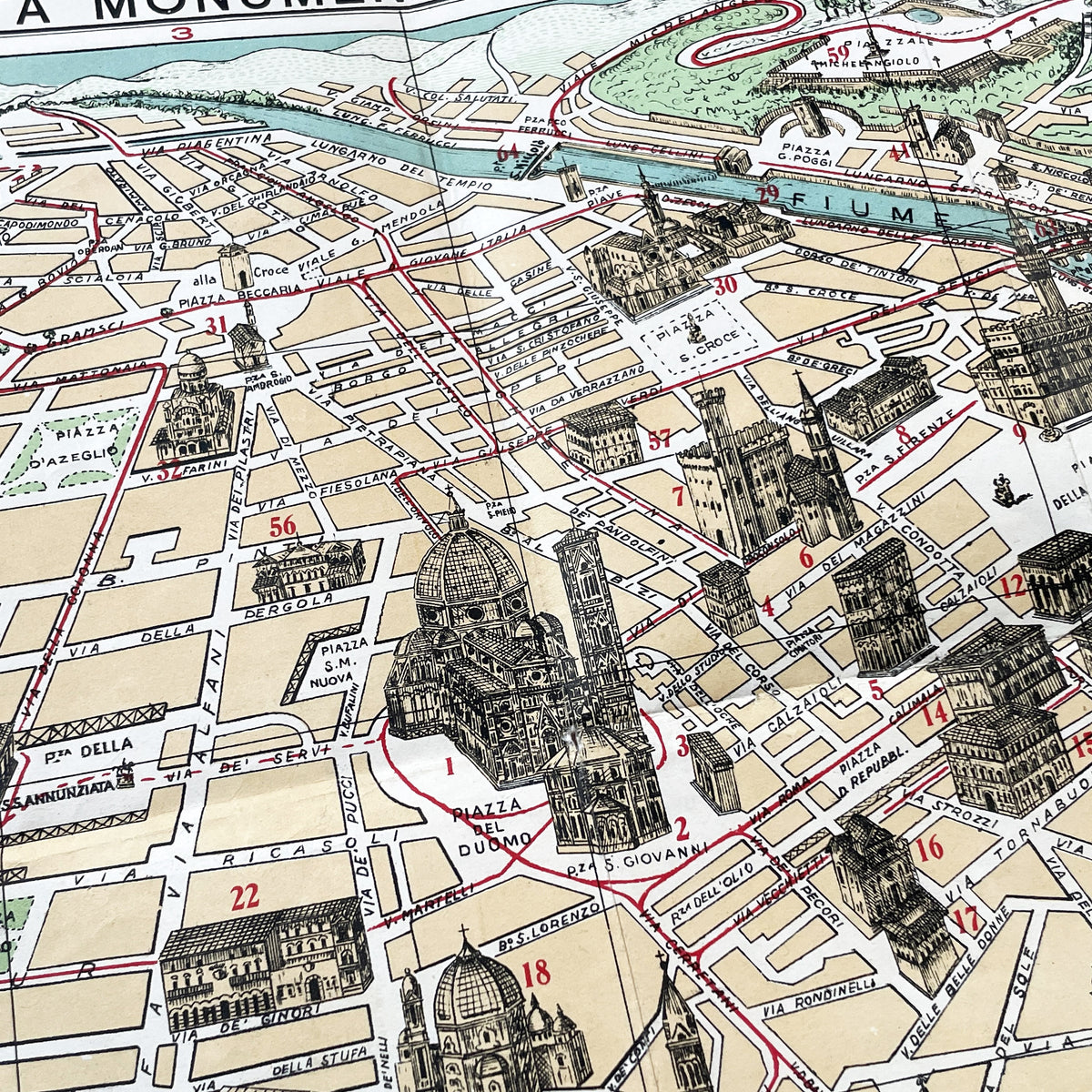 1950s vintage Italian map of Florence with index booklet, showing city plan and the Florentine lily emblem.