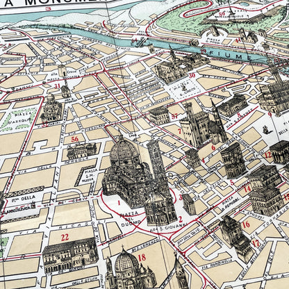 1950s vintage Italian map of Florence with index booklet, showing city plan and the Florentine lily emblem.