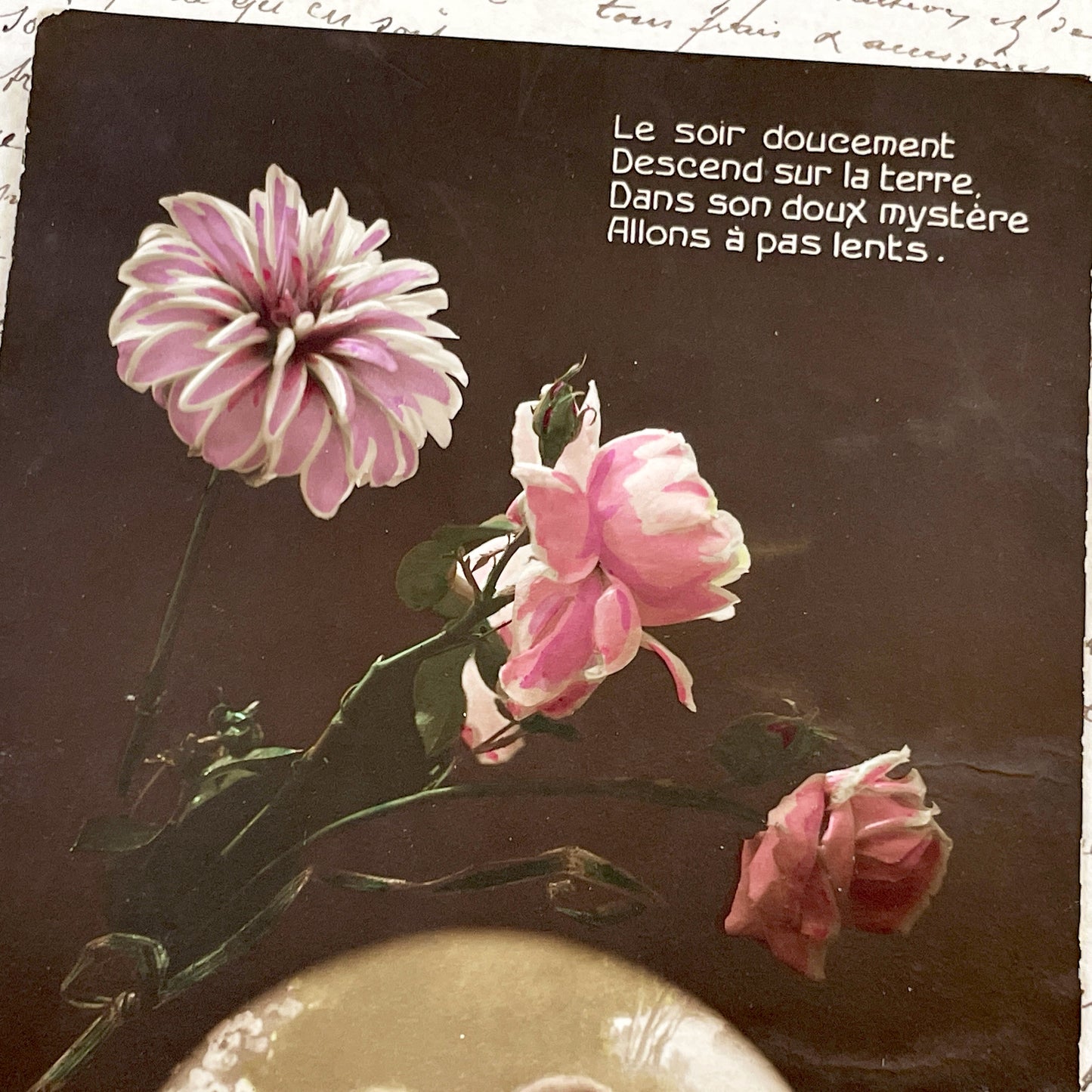 1910s - Vintage French Romantic Postcard - Sepia Photo Couple with Pink Flowers - Hand Colored Art Nouveau Style Card - Poetic Love Verse