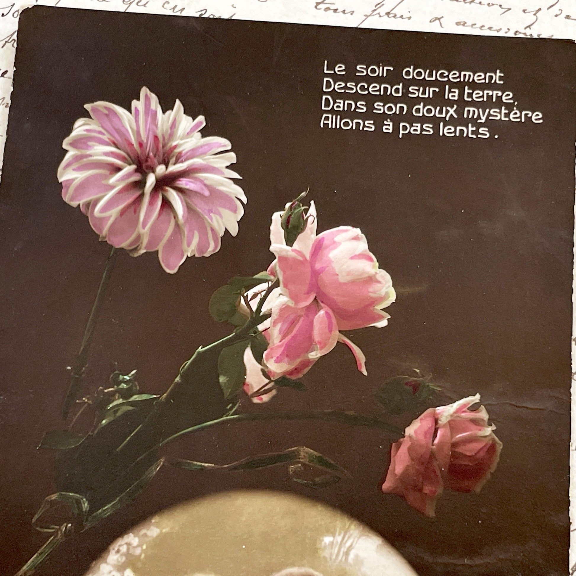 1910s - Vintage French Romantic Postcard - Sepia Photo Couple with Pink Flowers - Hand Colored Art Nouveau Style Card - Poetic Love Verse