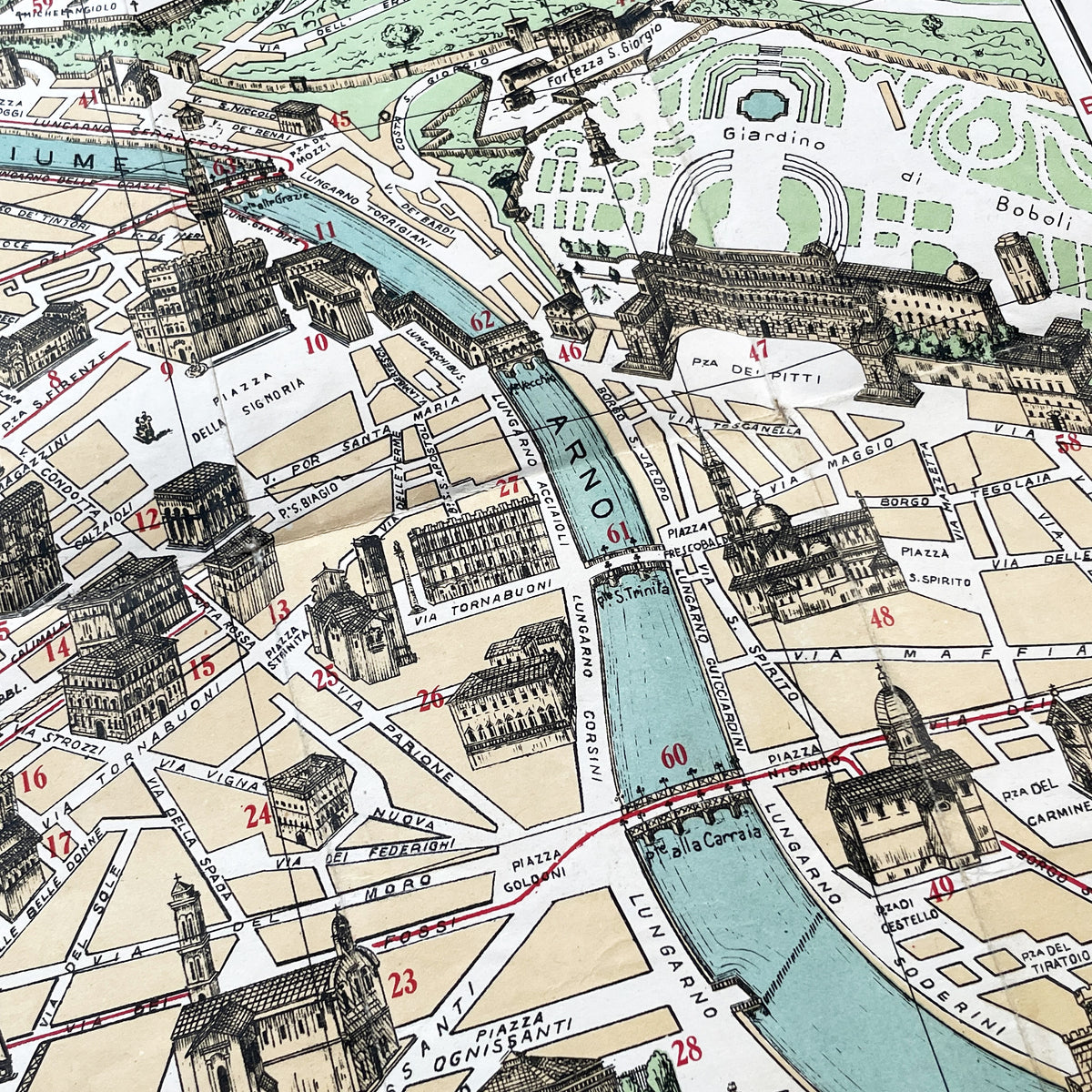 1950s vintage Italian map of Florence with index booklet, showing city plan and the Florentine lily emblem.