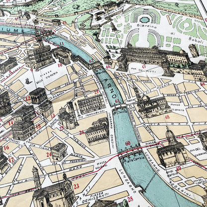 1950s vintage Italian map of Florence with index booklet, showing city plan and the Florentine lily emblem.