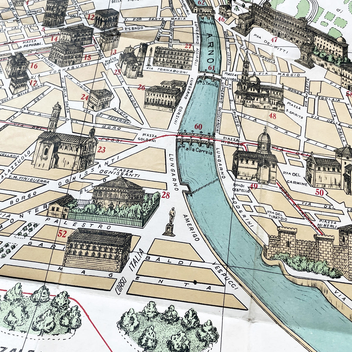 1950s vintage Italian map of Florence with index booklet, showing city plan and the Florentine lily emblem.