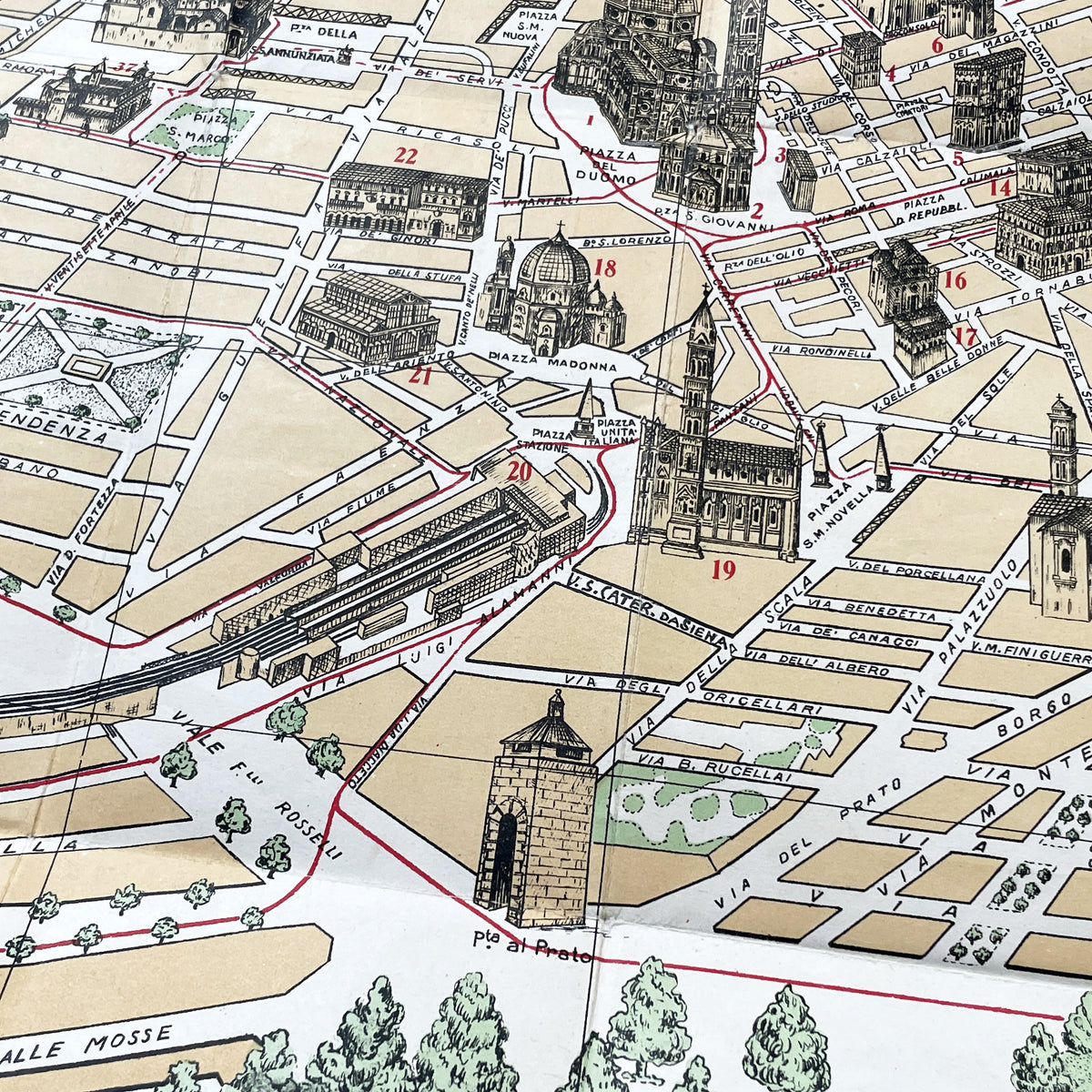 1950s vintage Italian map of Florence with index booklet, showing city plan and the Florentine lily emblem.