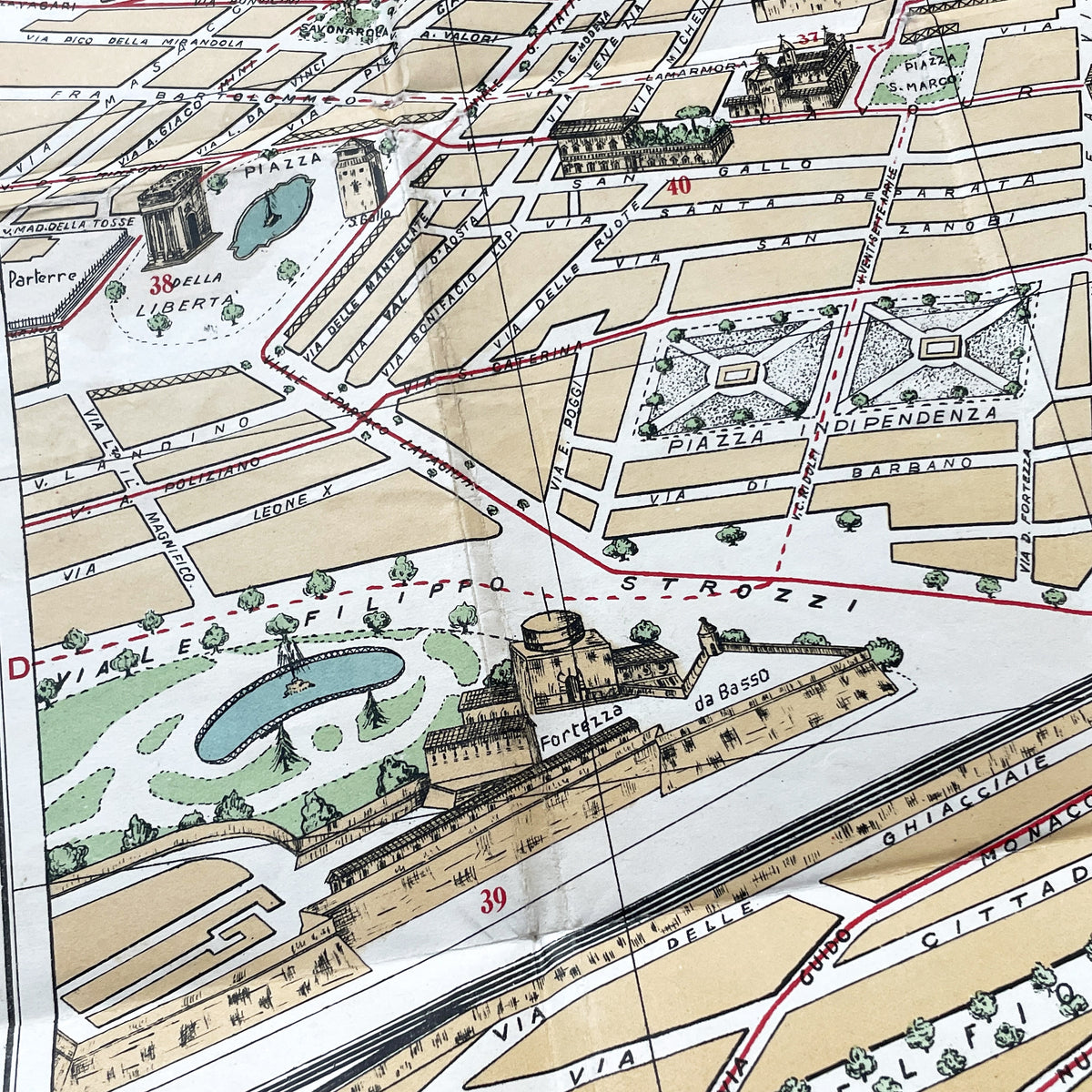 1950s vintage Italian map of Florence with index booklet, showing city plan and the Florentine lily emblem.