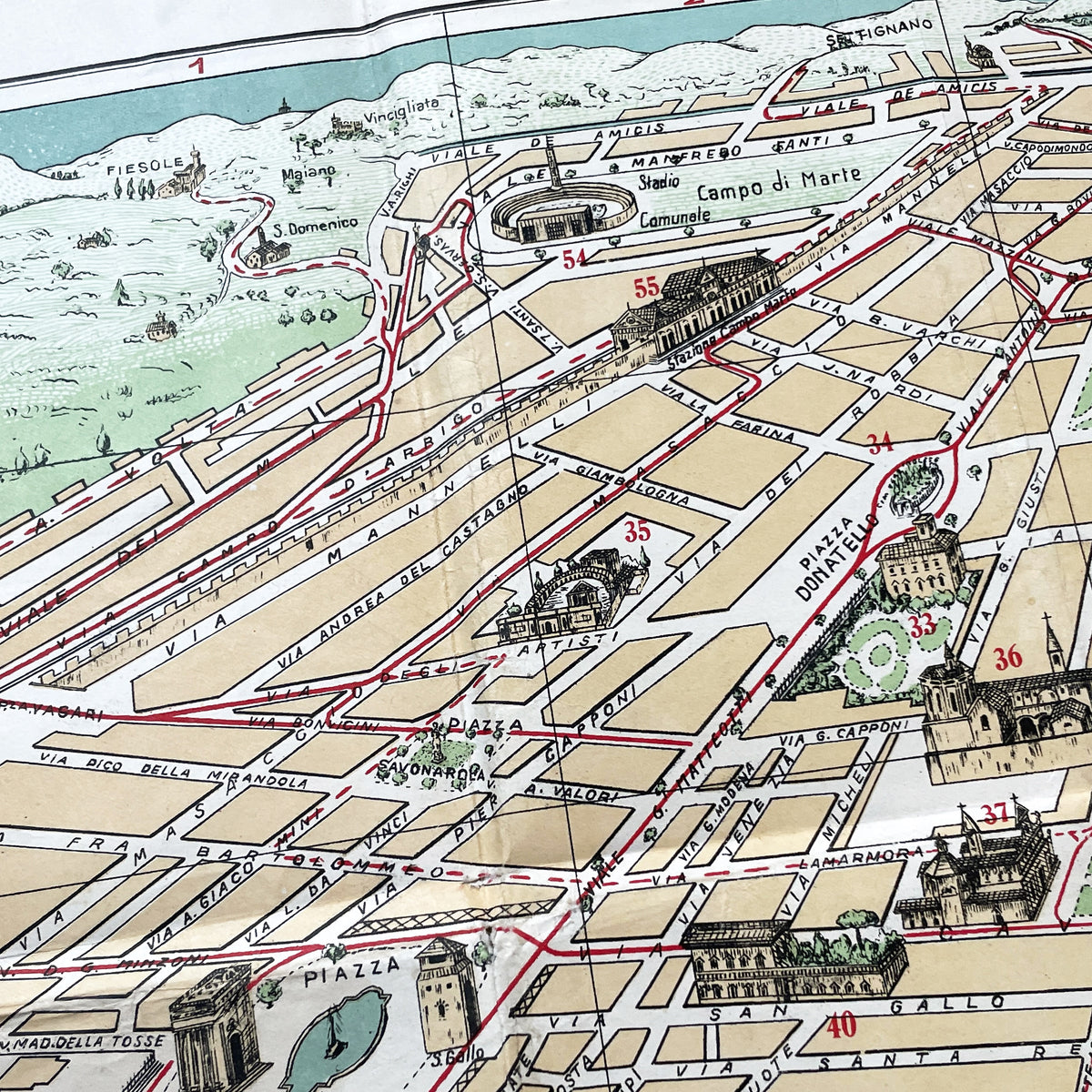 1950s vintage Italian map of Florence with index booklet, showing city plan and the Florentine lily emblem.
