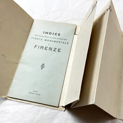 1950s vintage Italian map of Florence with index booklet, showing city plan and the Florentine lily emblem.