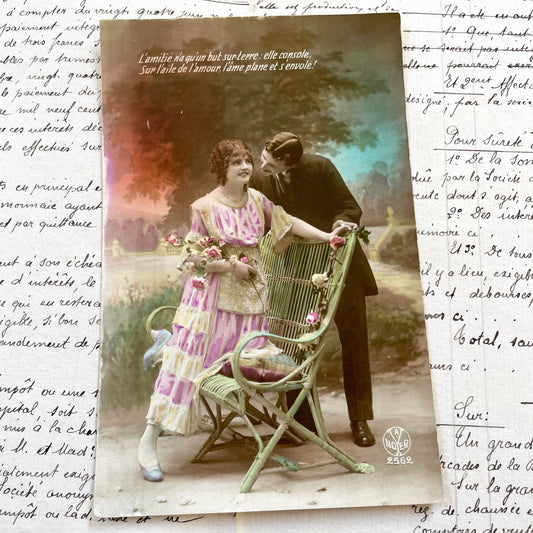 1910s - Vintage French Art Postcard - Romantic Couple Photo - Hand-Colored Ephemera - Belle Epoque Collectible - Noyer Publisher