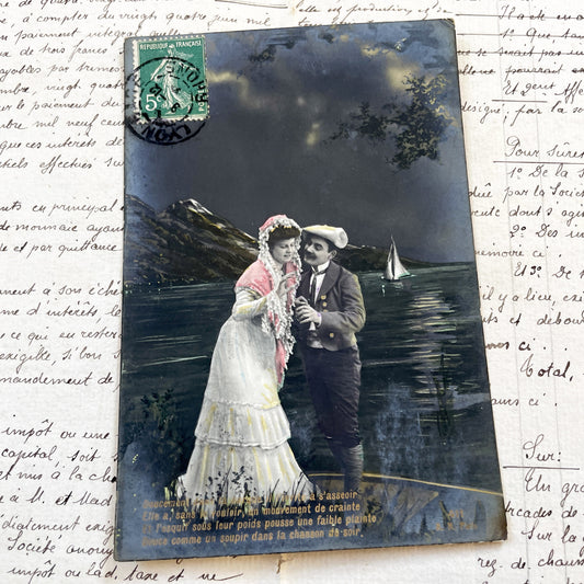 1900s - Vintage French Romantic Postcard - Colored Couple Scene - Old French Postcard - Love Story Illustration - Edwardian Era Ephemera