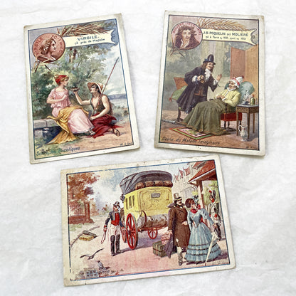 Late 19th - French Advertising Chromos - Moliere, Virgil, Travel Scene - Vintage French Trade Cards - Literary and Historical Illustrations