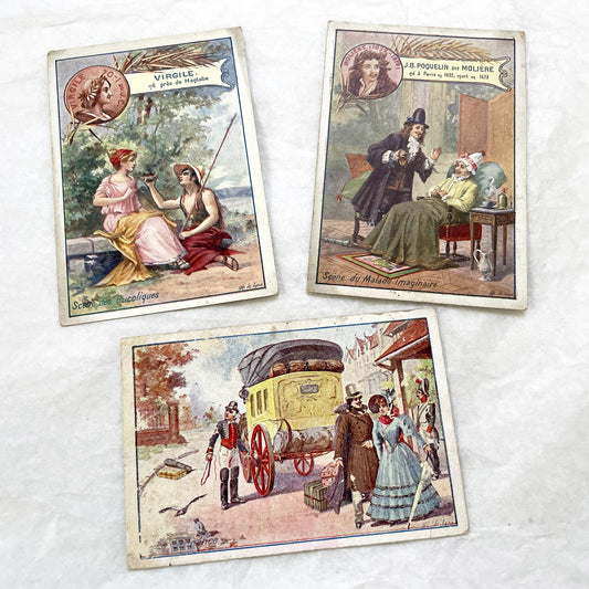 Late 19th - French Advertising Chromos - Moliere, Virgil, Travel Scene - Vintage French Trade Cards - Literary and Historical Illustrations