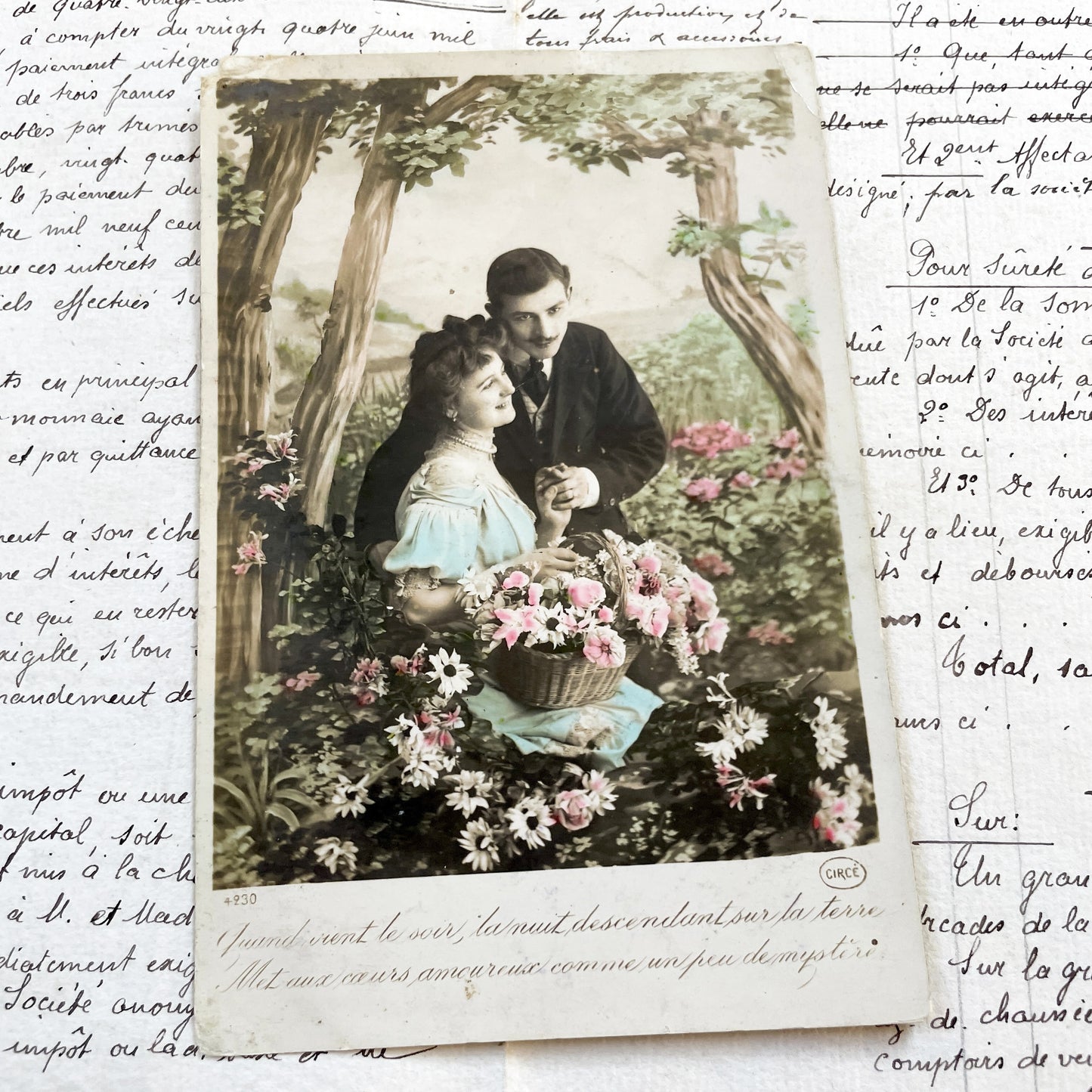 1900s - Romantic Hand-Tinted Edwardian Postcard - Vintage Couple In Flower Garden - Old French Ephemera Love Card - CIRCE Photo