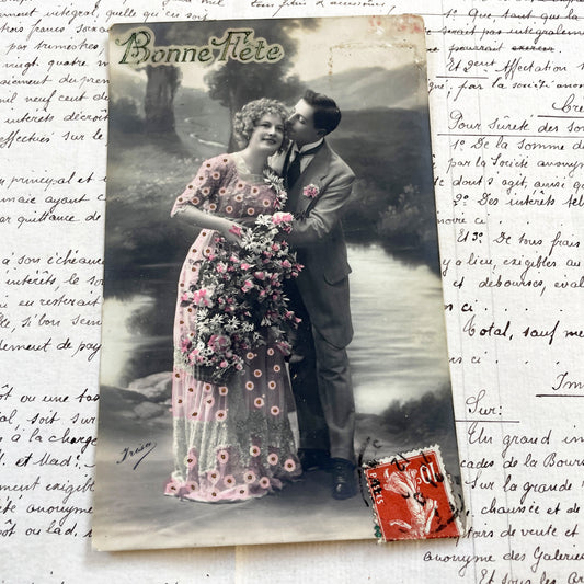 1910s - Vintage French Bonne Fete Postcard - Hand Tinted Romantic Couple - Flapper Era Celebration - Sentimental Ephemera Decor