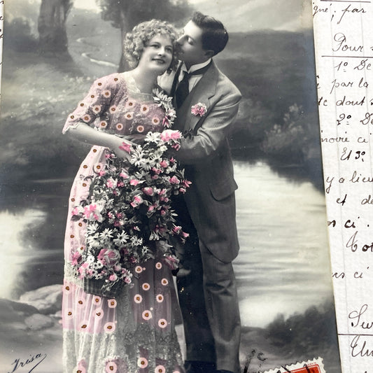 1910s - Vintage French Bonne Fete Postcard - Hand Tinted Romantic Couple - Flapper Era Celebration - Sentimental Ephemera Decor