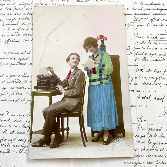 1920s - Vintage Hand-Colored Postcard - Flapper Era Couple - Typewriter Scene - Parisian Ephemera - Charming Historical Snapshot