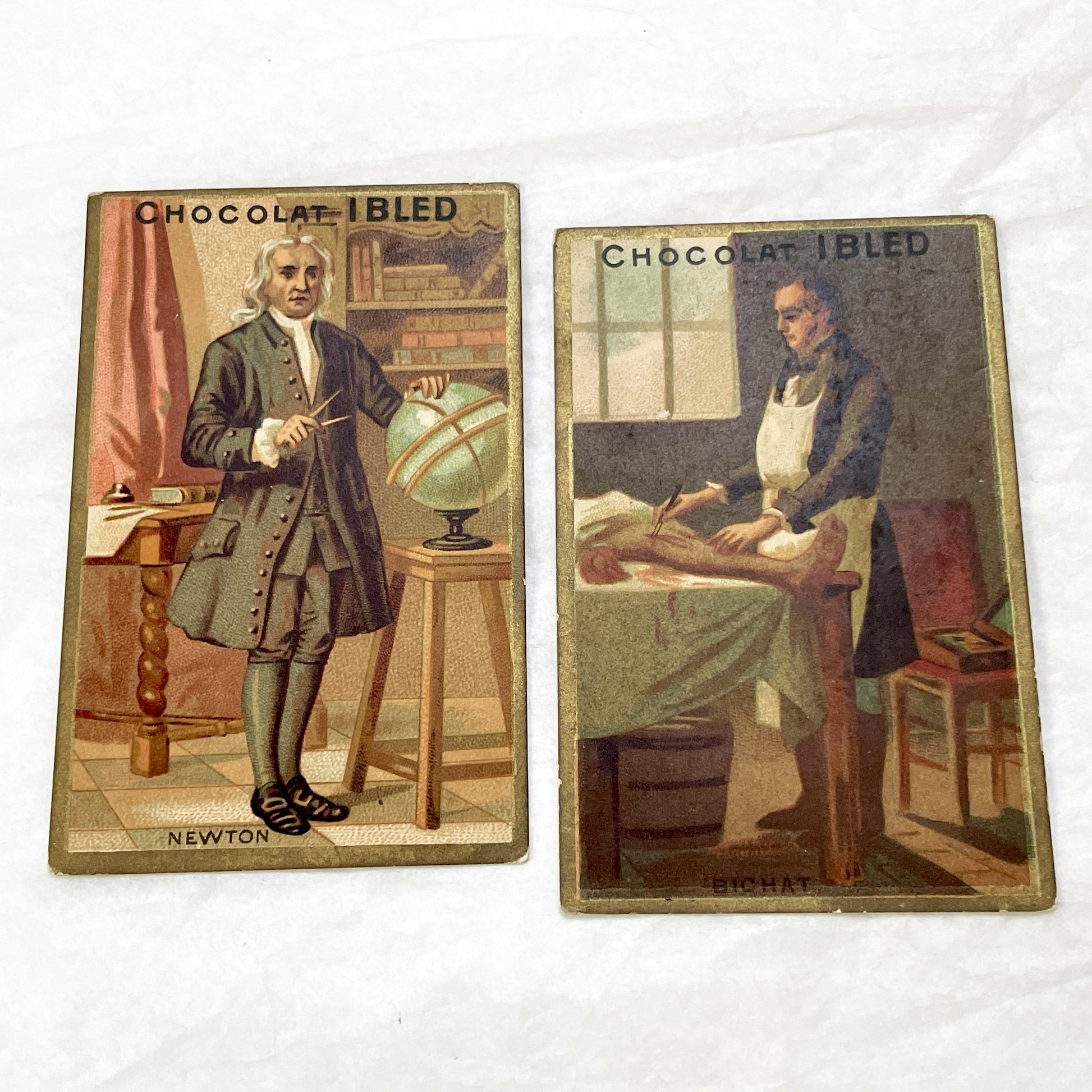 Late 19th - 2 Chocolat Trade Cards - Isaac Newton - Bichat - French Advertising Ephemera - Collectible Chocolate - Historical Figures