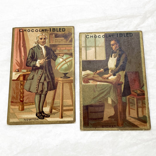 Late 19th - 2 Chocolat Trade Cards - Isaac Newton - Bichat - French Advertising Ephemera - Collectible Chocolate - Historical Figures