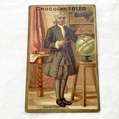 Late 19th - 2 Chocolat Trade Cards - Isaac Newton - Bichat - French Advertising Ephemera - Collectible Chocolate - Historical Figures
