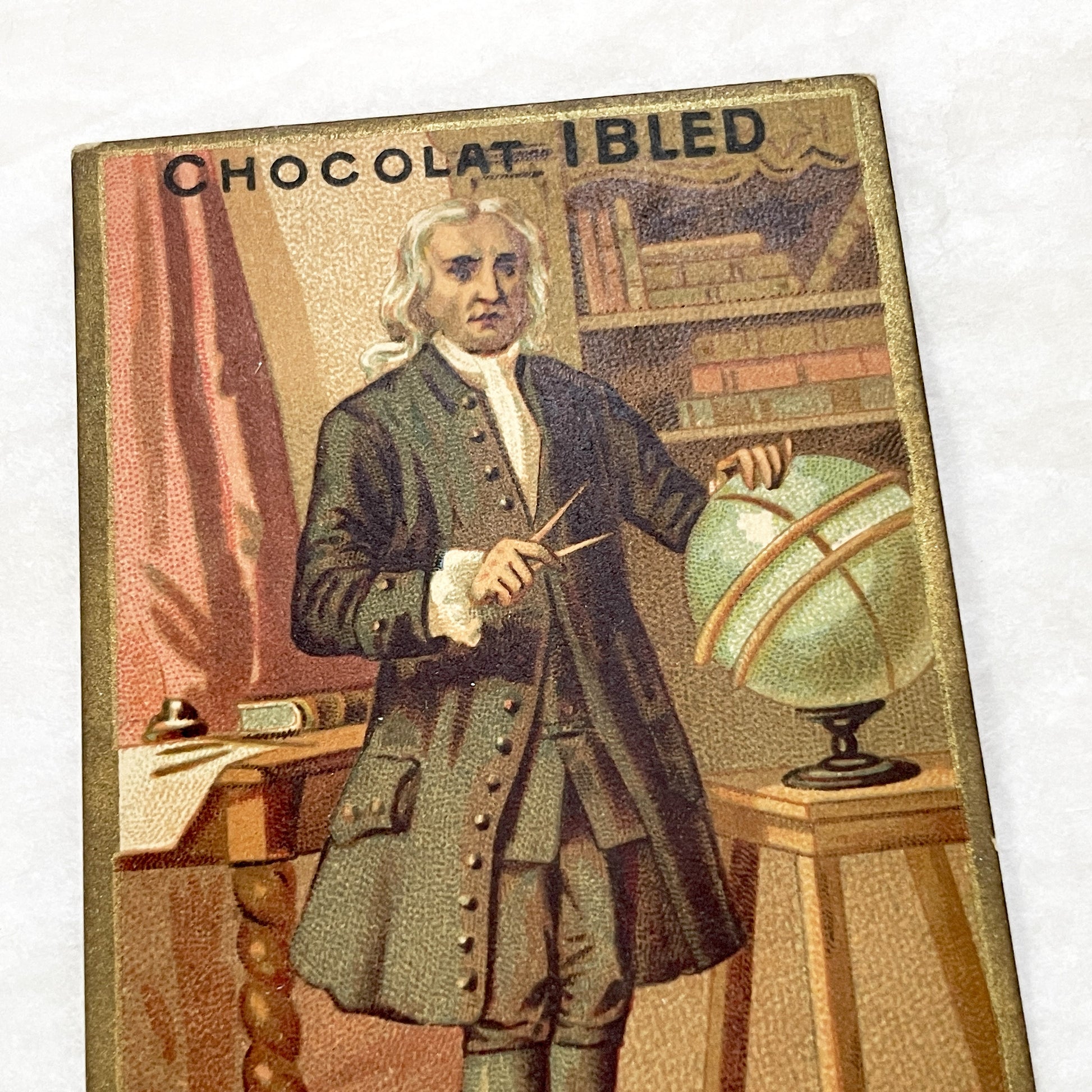 Late 19th - 2 Chocolat Trade Cards - Isaac Newton - Bichat - French Advertising Ephemera - Collectible Chocolate - Historical Figures