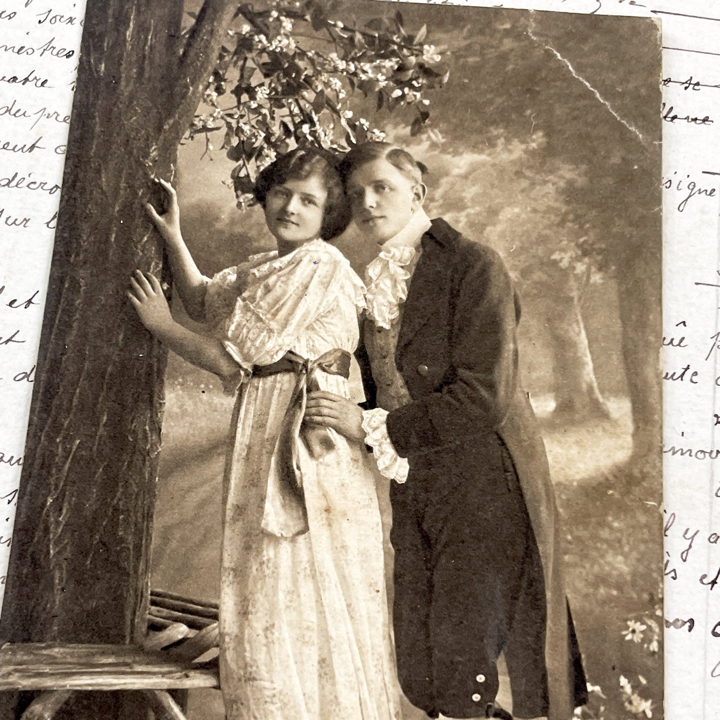 1900s - Antique Sepia Photo - Edwardian Couple Portrait - Romantic Pose - Young Man and Woman - Vintage Fine Art Print