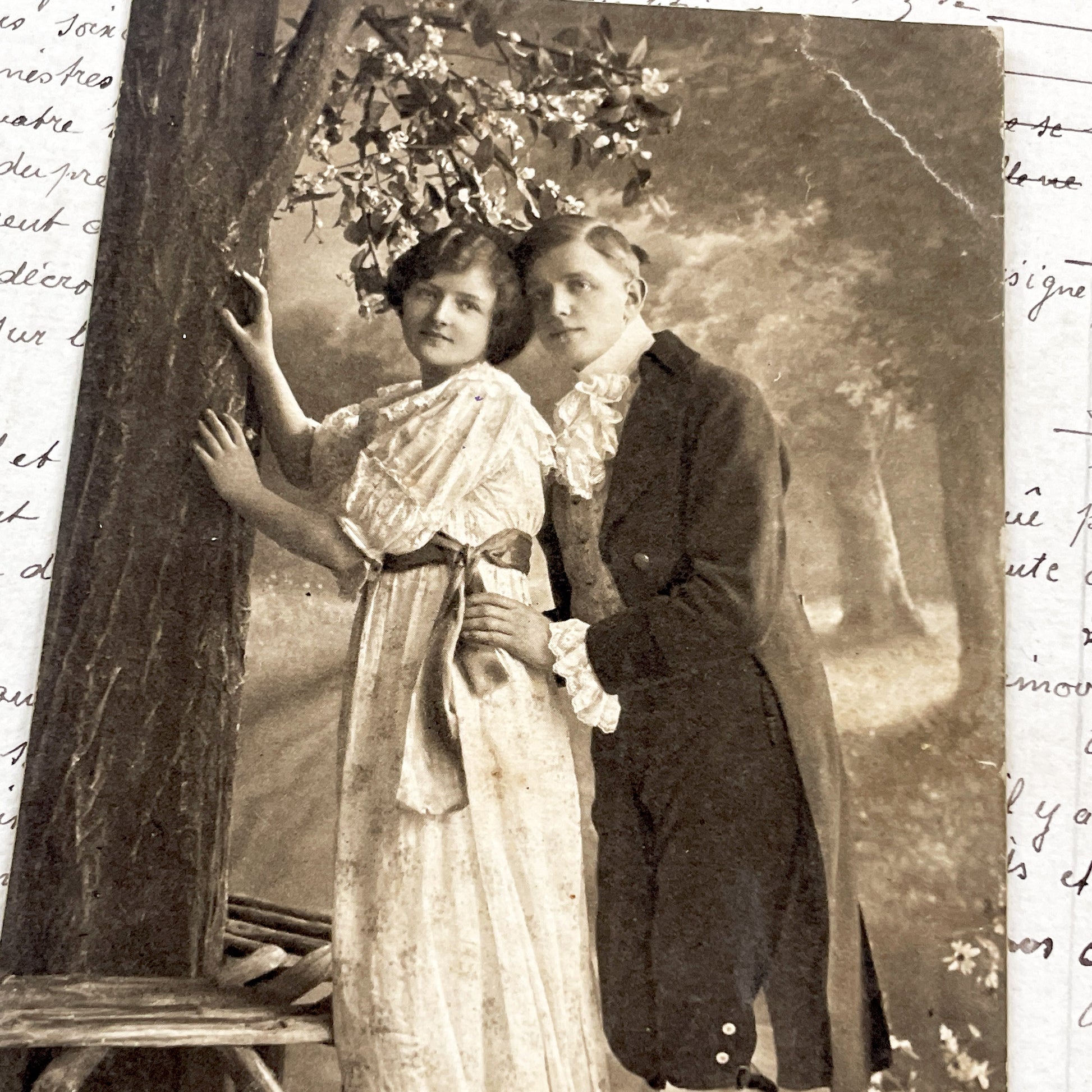 1900s - Antique Sepia Photo - Edwardian Couple Portrait - Romantic Pose - Young Man and Woman - Vintage Fine Art Print