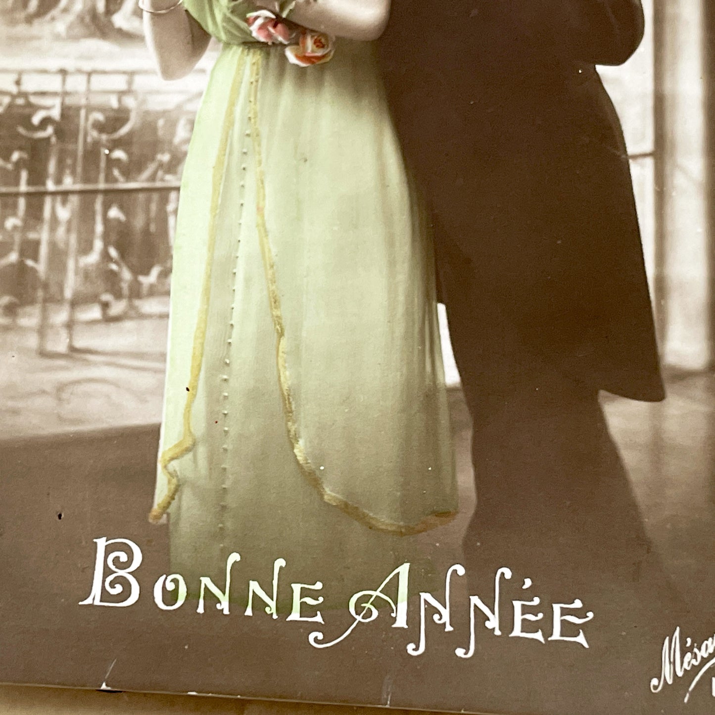 1900s - Vintage French Bonne Année Postcard - Hand Tinted Edwardian Couple - Romantic New Year Greeting Card - Antique Ephemera