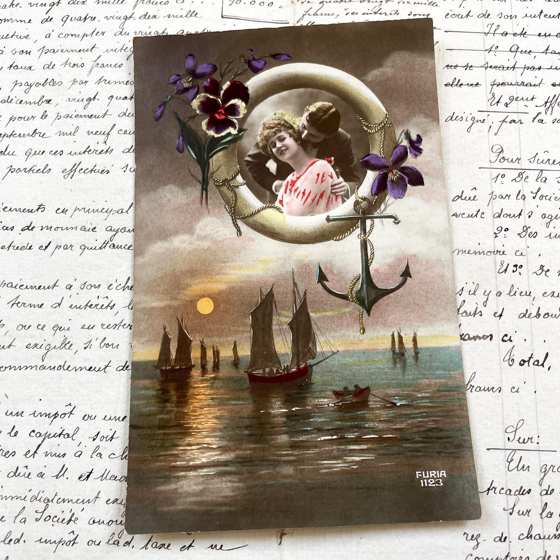 1920s - Vintage French Romantic Postcard - Couple on Moon Anchor Seascape - Art Nouveau Era - Serene Coastal Scene - Antique Paper Ephemera