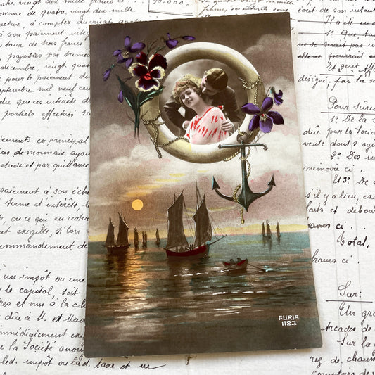 1920s - Vintage French Romantic Postcard - Couple on Moon Anchor Seascape - Art Nouveau Era - Serene Coastal Scene - Antique Paper Ephemera