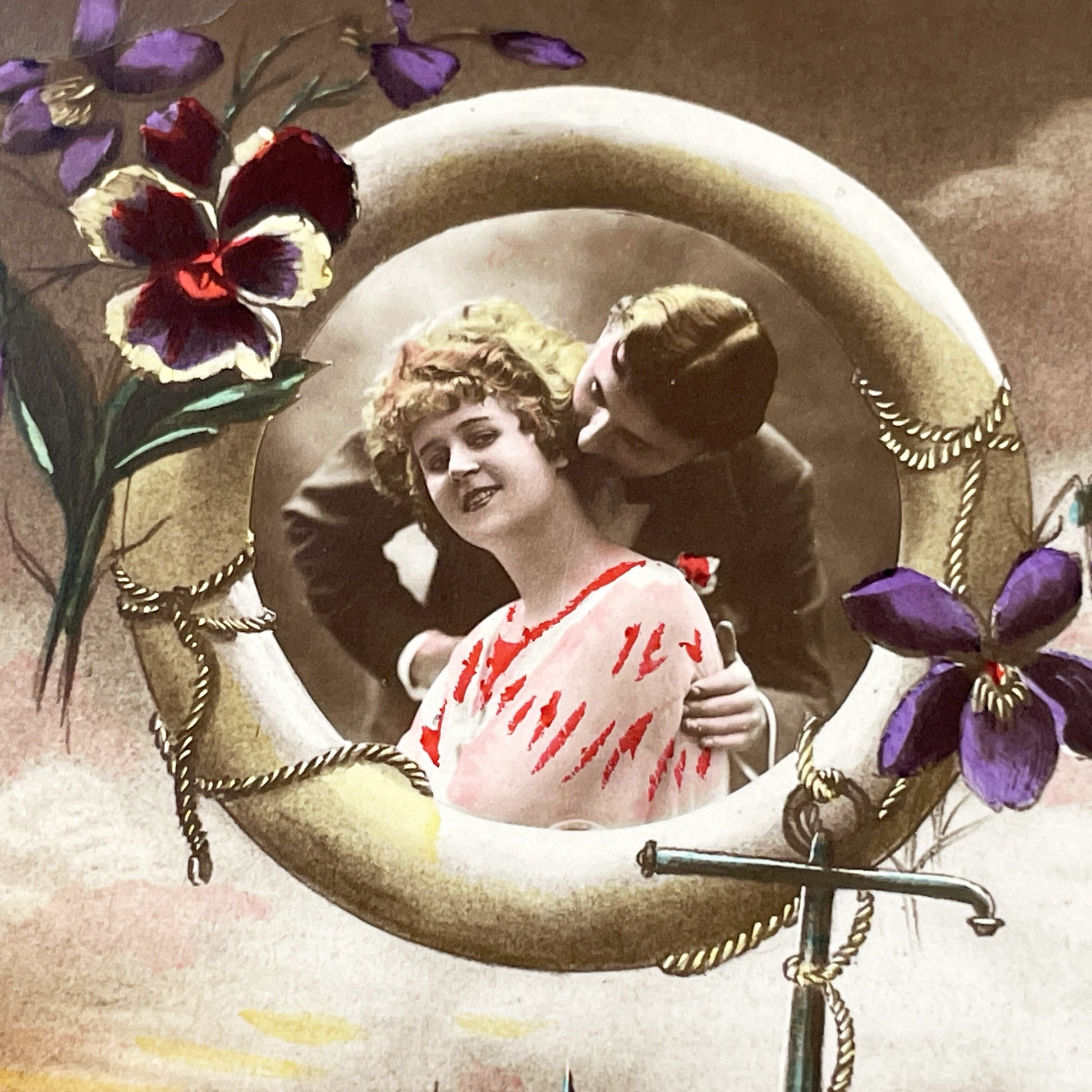 1920s - Vintage French Romantic Postcard - Couple on Moon Anchor Seascape - Art Nouveau Era - Serene Coastal Scene - Antique Paper Ephemera