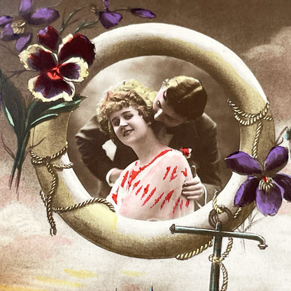 1920s - Vintage French Romantic Postcard - Couple on Moon Anchor Seascape - Art Nouveau Era - Serene Coastal Scene - Antique Paper Ephemera