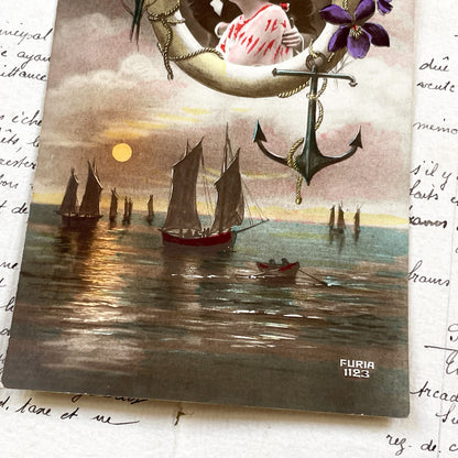 1920s - Vintage French Romantic Postcard - Couple on Moon Anchor Seascape - Art Nouveau Era - Serene Coastal Scene - Antique Paper Ephemera