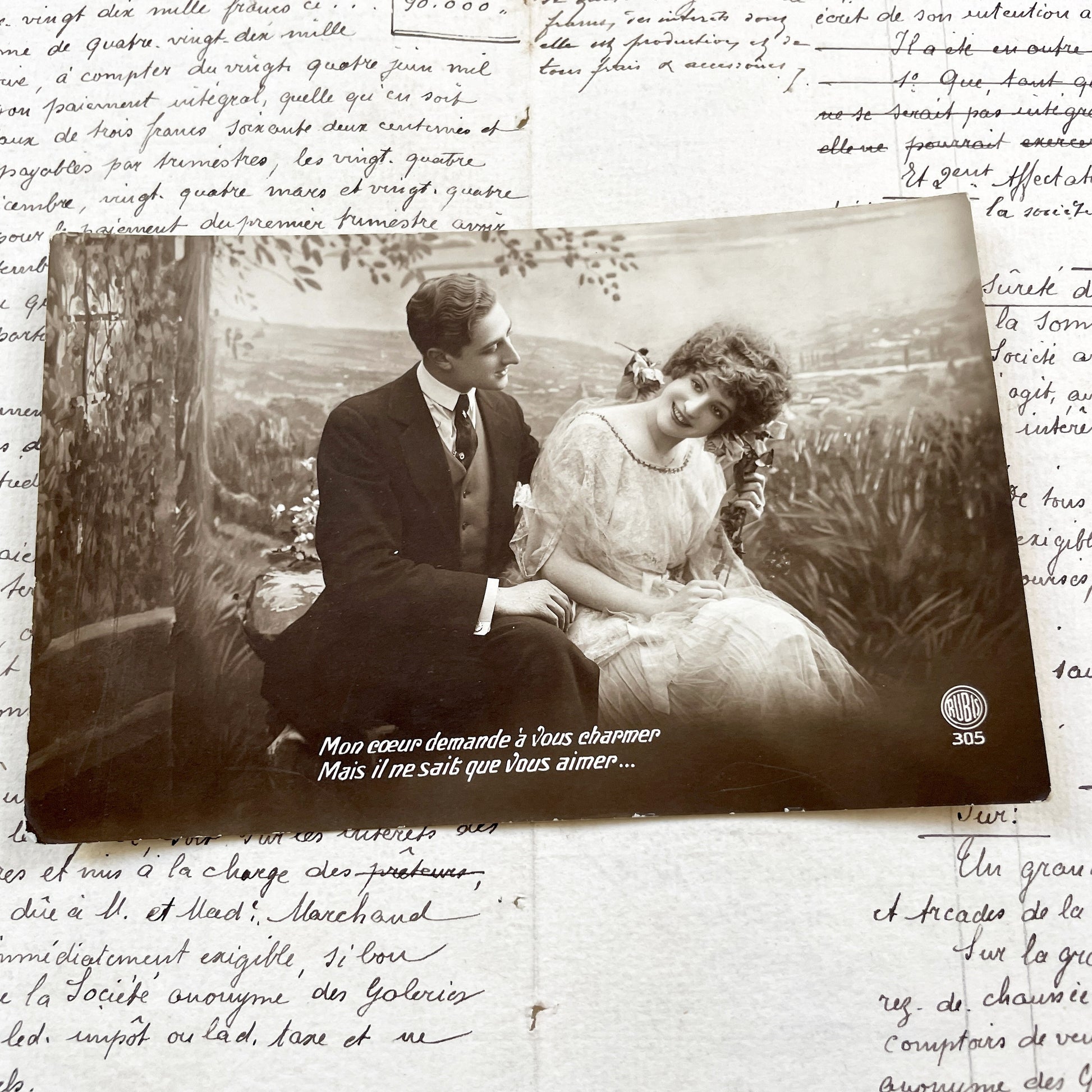 1910s - Vintage French Romantic Postcard Couple Love Quote Rubis - Sepia Photograph Sentimental Belle Epoque Ephemera