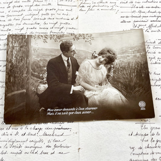 1910s - Vintage French Romantic Postcard Couple Love Quote Rubis - Sepia Photograph Sentimental Belle Epoque Ephemera