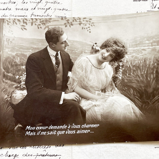 1910s - Vintage French Romantic Postcard Couple Love Quote Rubis - Sepia Photograph Sentimental Belle Epoque Ephemera