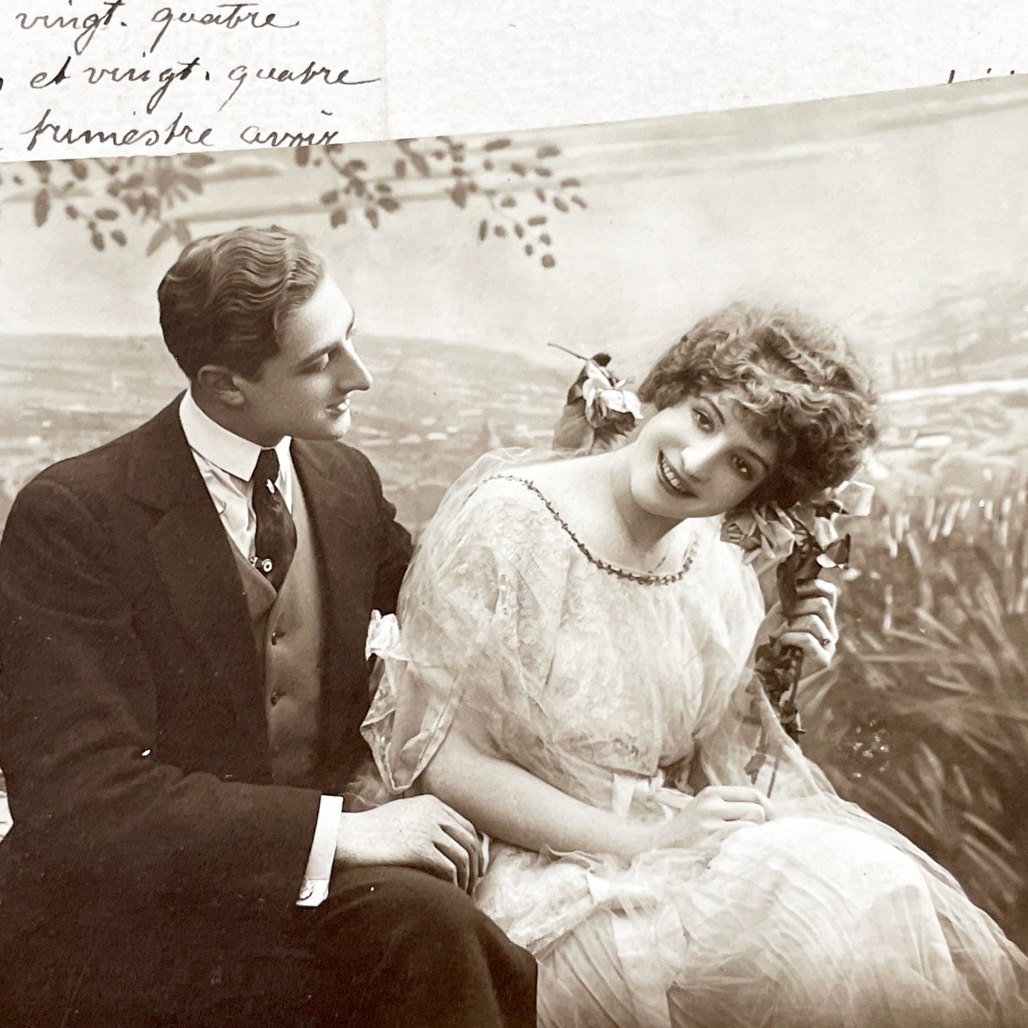 1910s - Vintage French Romantic Postcard Couple Love Quote Rubis - Sepia Photograph Sentimental Belle Epoque Ephemera