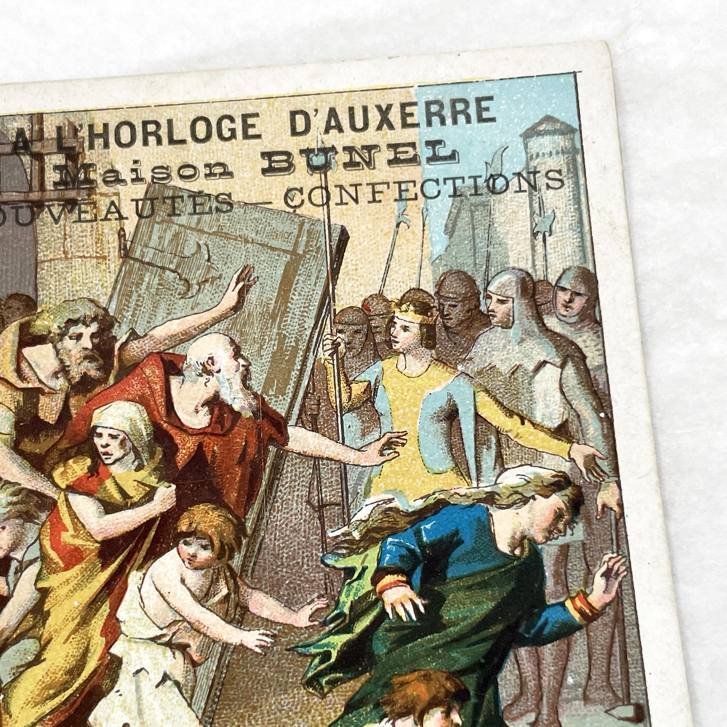 1900s - French Chromolithograph - Notre Dame Serfs Medieval Scene Trade Card - Auxerre Maison Bunel Advertisement