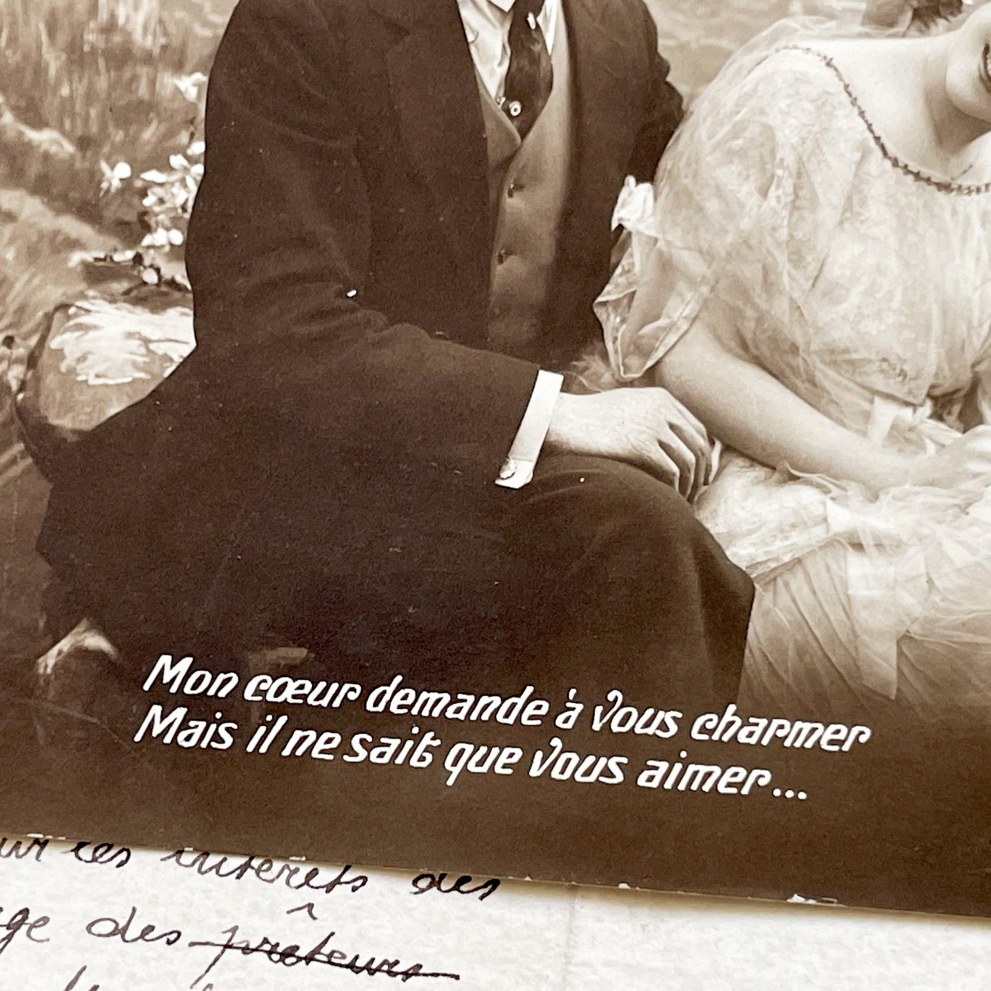 1910s - Vintage French Romantic Postcard Couple Love Quote Rubis - Sepia Photograph Sentimental Belle Epoque Ephemera