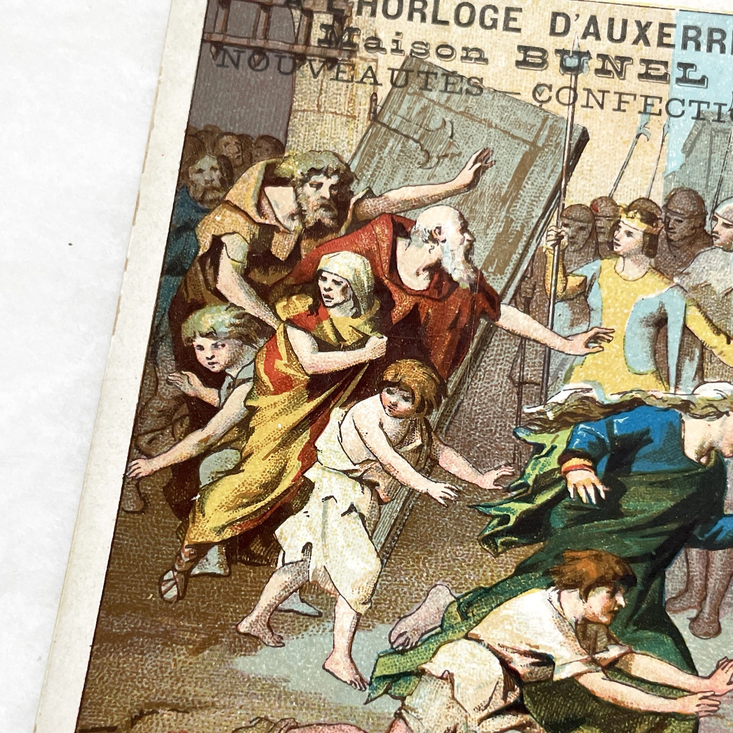 1900s - French Chromolithograph - Notre Dame Serfs Medieval Scene Trade Card - Auxerre Maison Bunel Advertisement