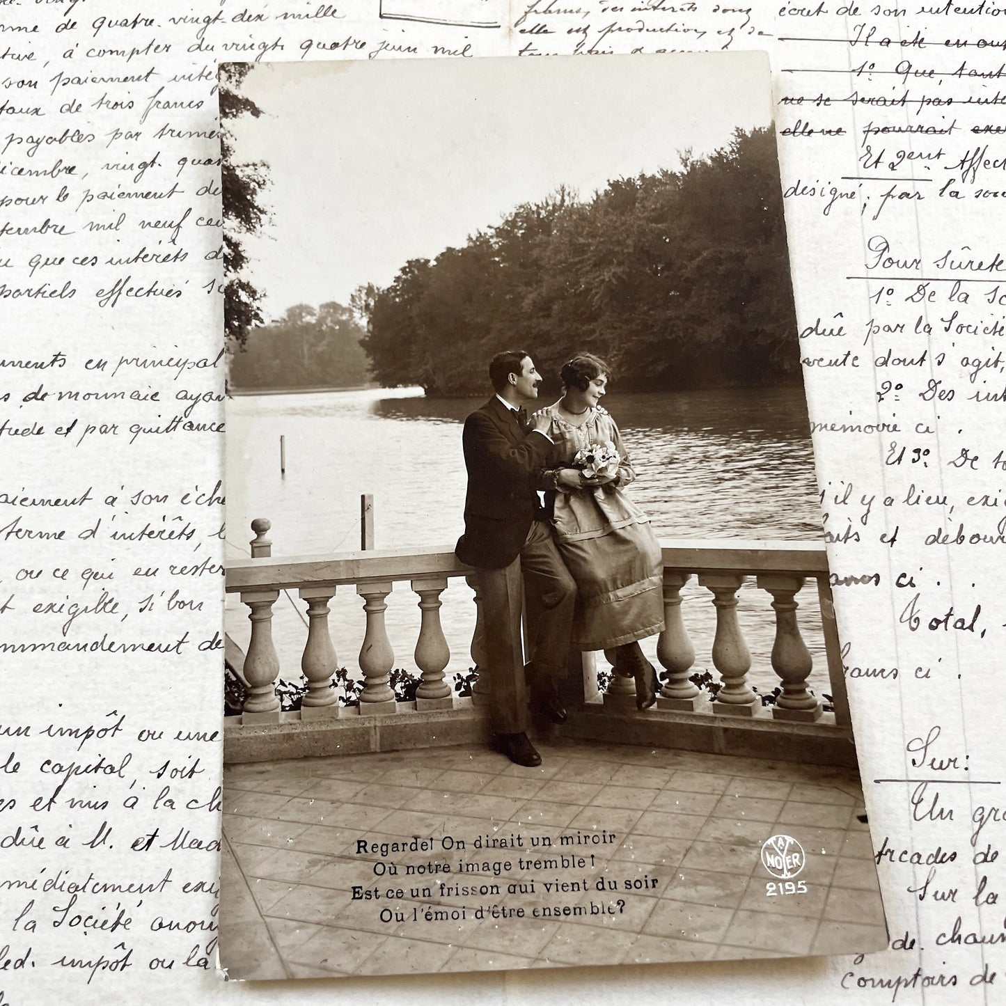 1910s - Antique Romantic Postcard - Couple By Lake - Vintage French Sentimental Poetry Card - Love Story - Sepia Photograph Collectible
