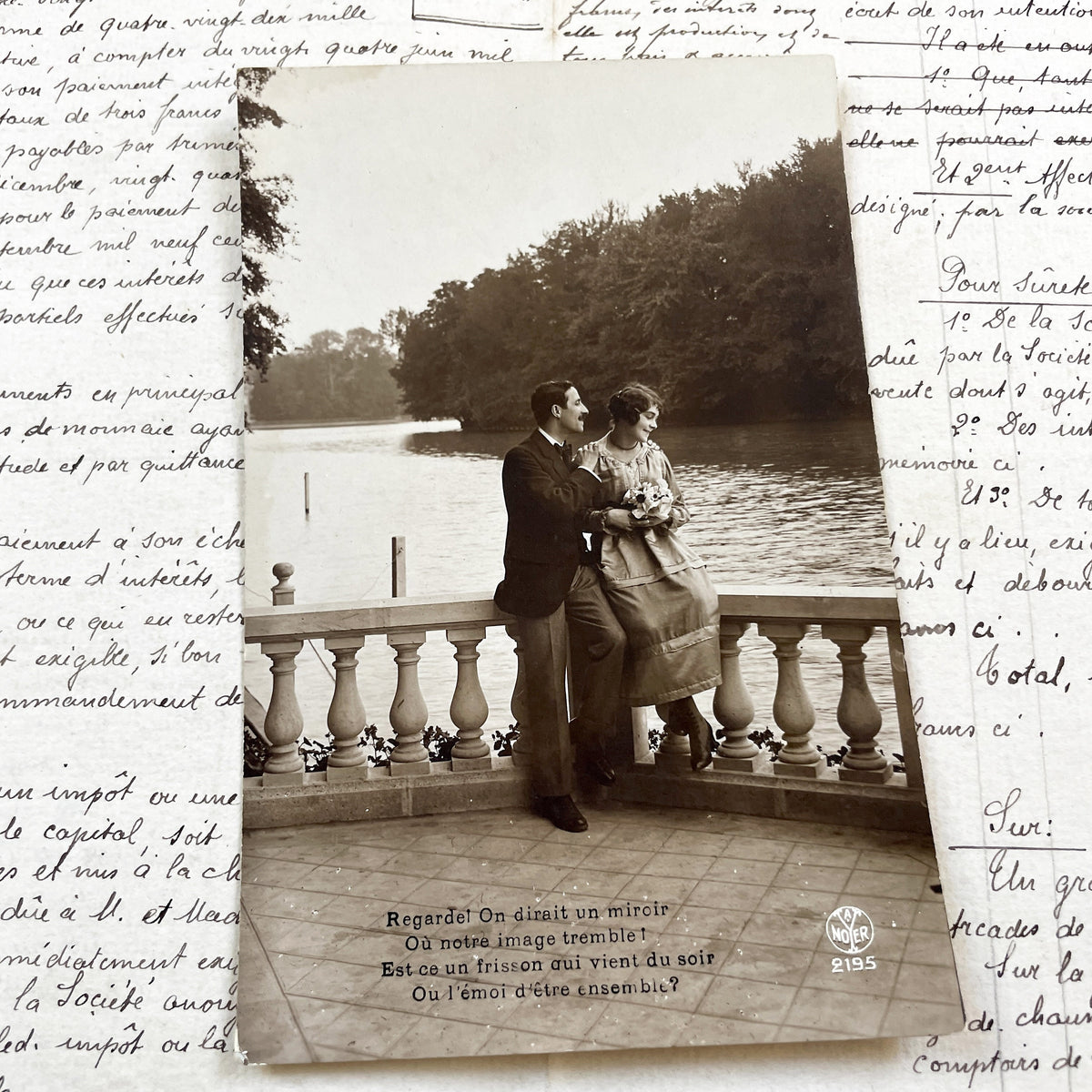 1910s - Antique Romantic Postcard - Couple By Lake - Vintage French Sentimental Poetry Card - Love Story - Sepia Photograph Collectible