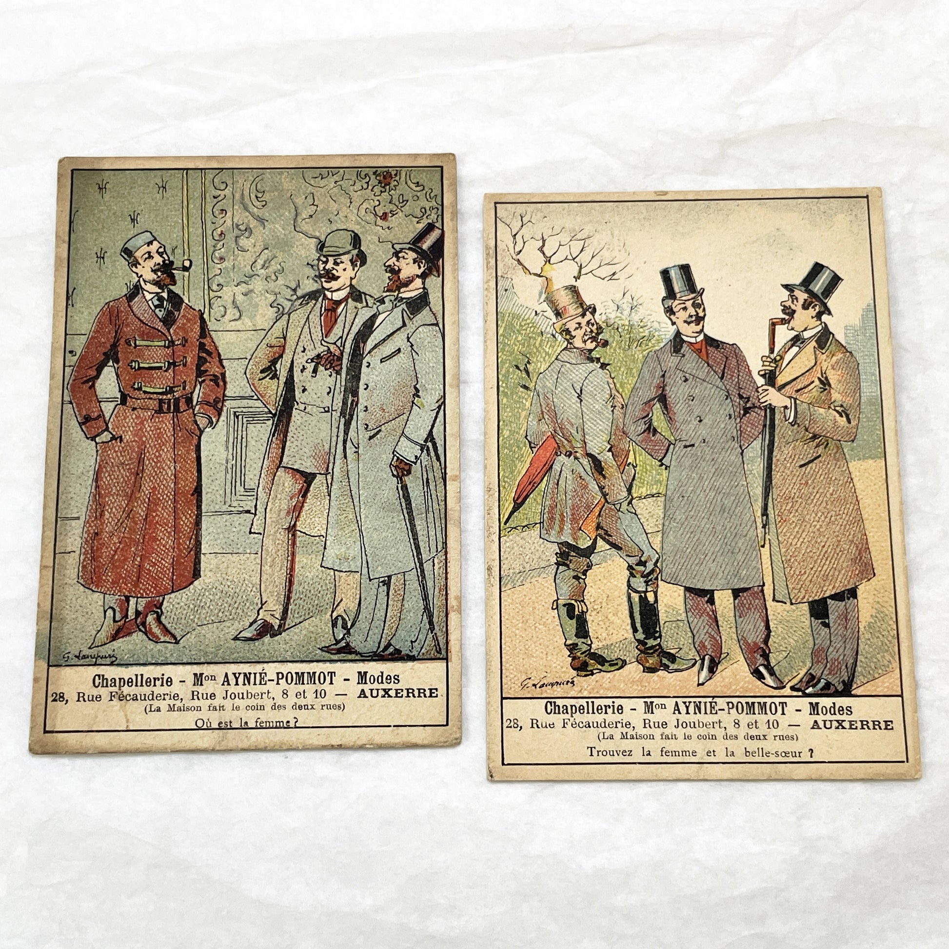 Late 19th - 2 French Advertising Cards - Men's Fashion - Hat Shop - Auxerre Vintage Collectible Trade Cards - Belle Époque Ephemera