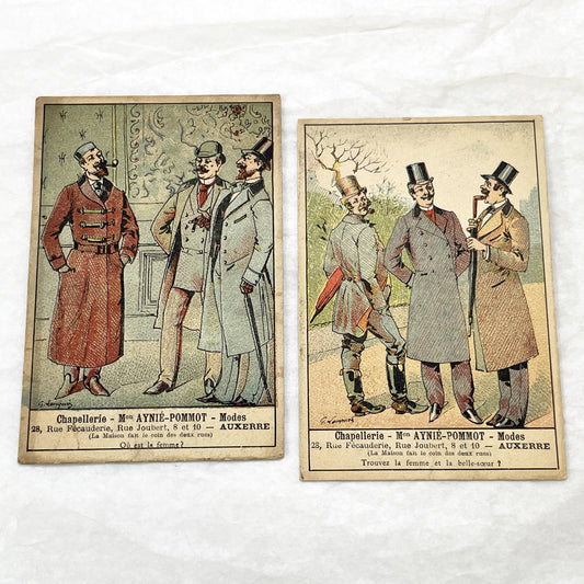 Late 19th - 2 French Advertising Cards - Men's Fashion - Hat Shop - Auxerre Vintage Collectible Trade Cards - Belle Époque Ephemera