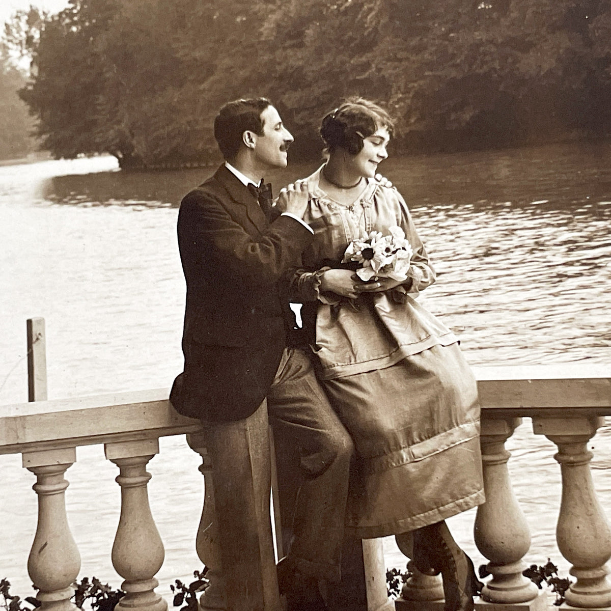 1910s - Antique Romantic Postcard - Couple By Lake - Vintage French Sentimental Poetry Card - Love Story - Sepia Photograph Collectible
