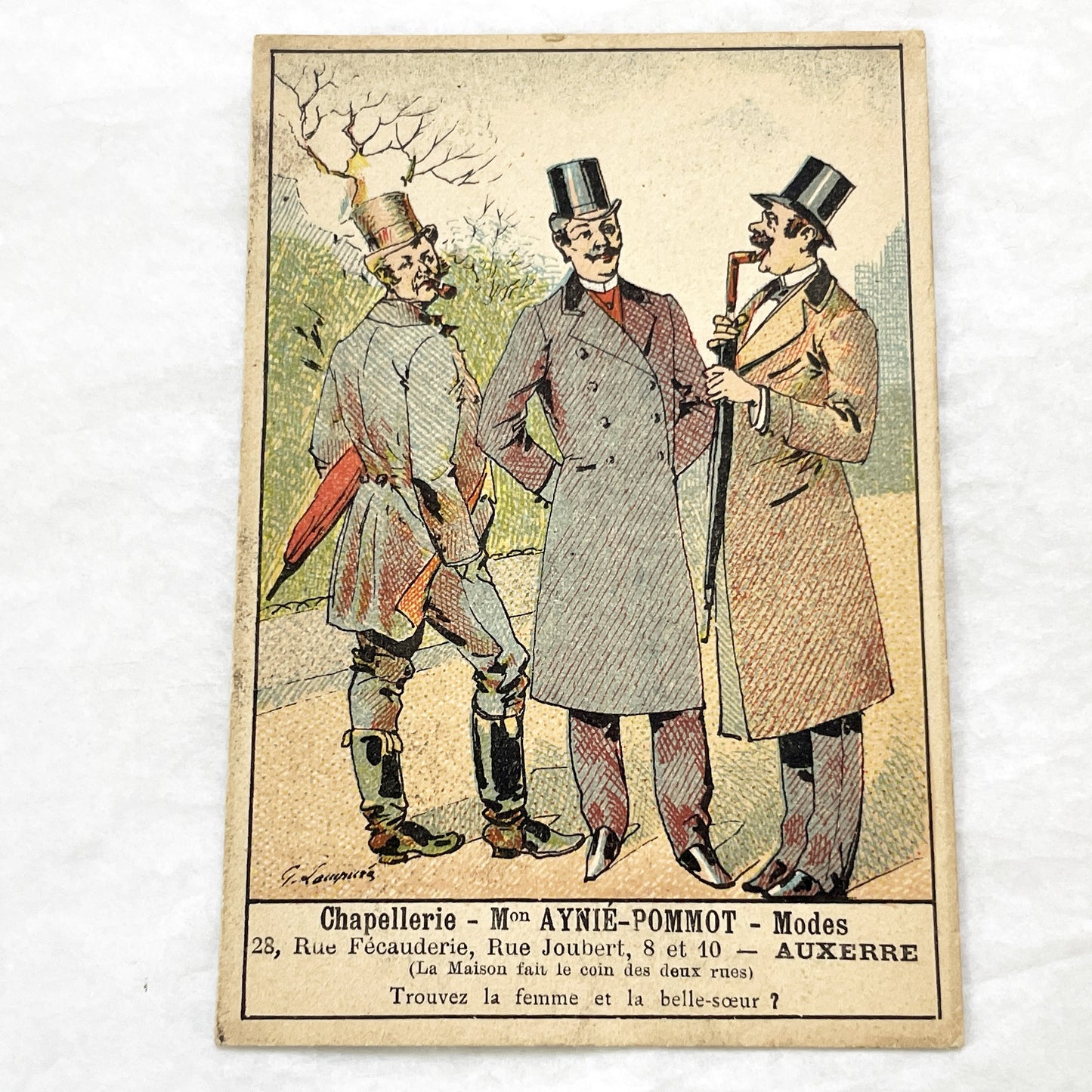 Late 19th - 2 French Advertising Cards - Men's Fashion - Hat Shop - Auxerre Vintage Collectible Trade Cards - Belle Époque Ephemera