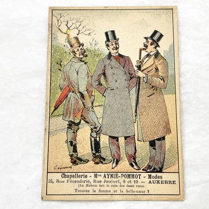 Late 19th - 2 French Advertising Cards - Men's Fashion - Hat Shop - Auxerre Vintage Collectible Trade Cards - Belle Époque Ephemera