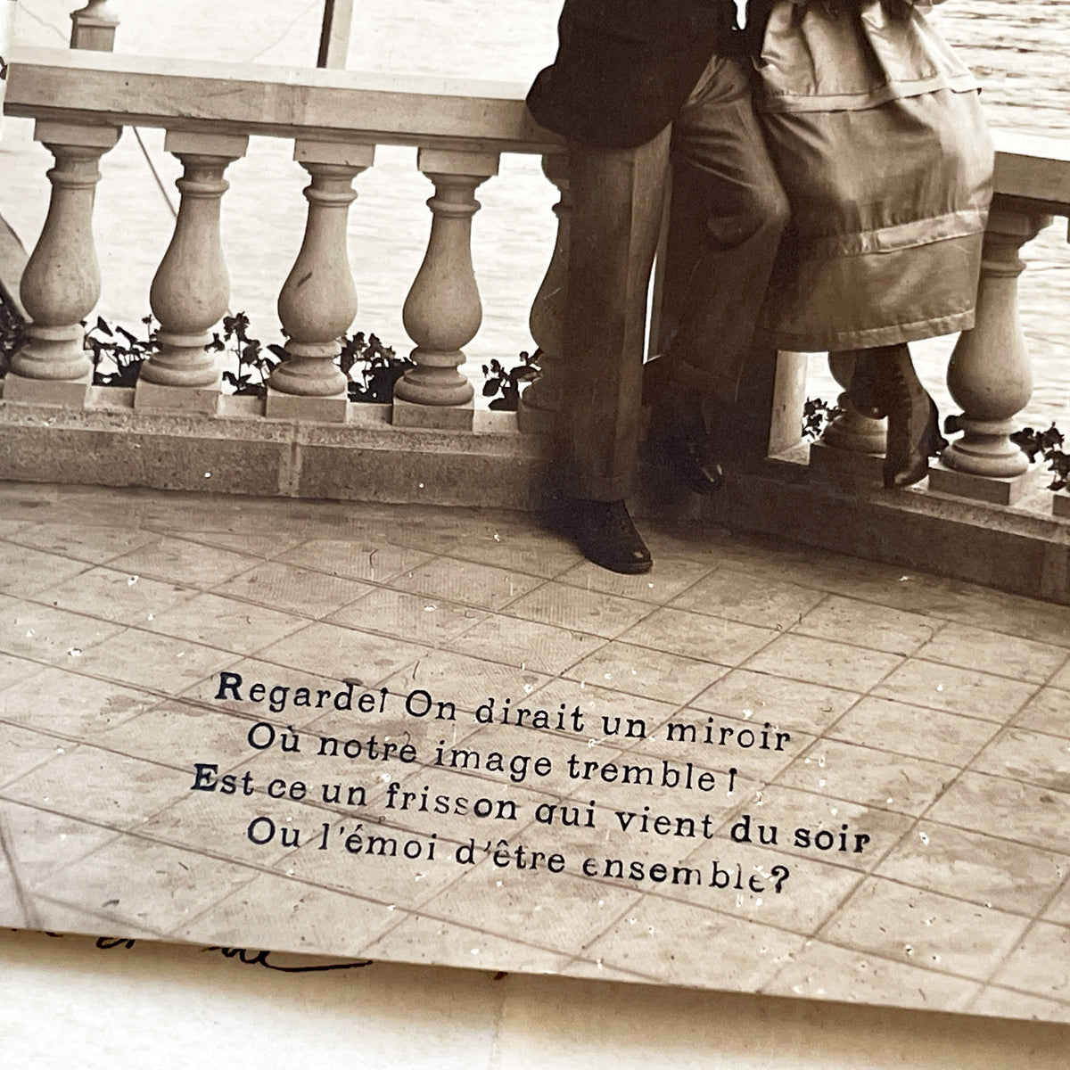 1910s - Antique Romantic Postcard - Couple By Lake - Vintage French Sentimental Poetry Card - Love Story - Sepia Photograph Collectible